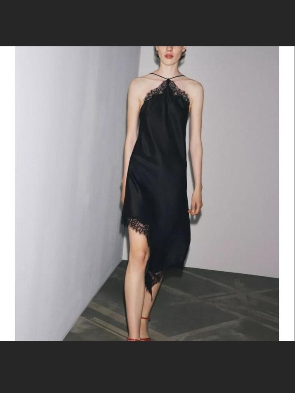 Zara Black Asymmetrical Lace-Trim Slip Dress